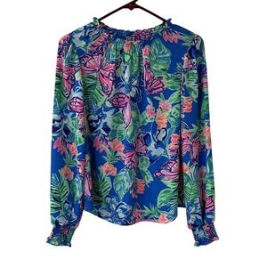 Lilly Pulitzer Bright Floral Butterfly Smocked Neck Long Sleeve Blouse Top XXS